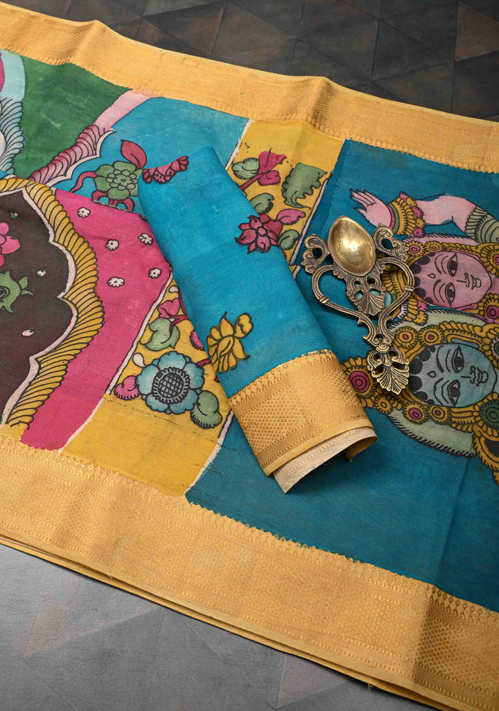 Dancing Radha Krishna With Animals Theme: Authentic Pen kalamkari on Mangalagiri Silk Saree with Zari Border