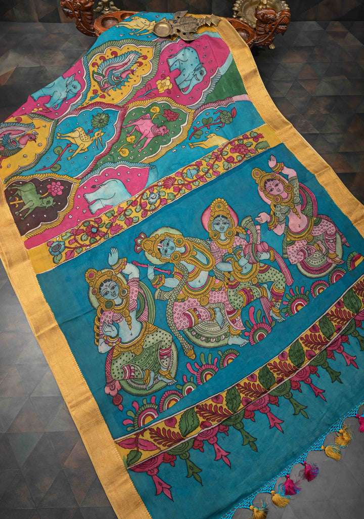 Dancing Radha Krishna With Animals Theme: Authentic Pen kalamkari on Mangalagiri Silk Saree with Zari Border