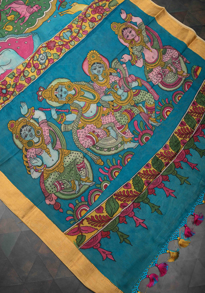 Dancing Radha Krishna With Animals Theme: Authentic Pen kalamkari on Mangalagiri Silk Saree with Zari Border