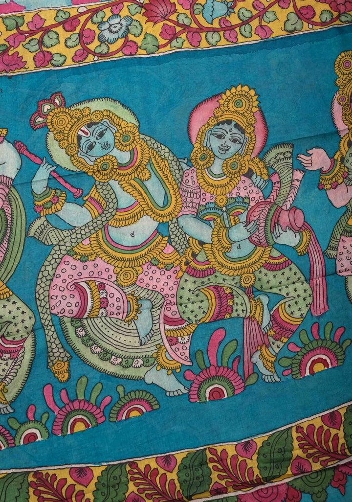 Dancing Radha Krishna With Animals Theme: Authentic Pen kalamkari on Mangalagiri Silk Saree with Zari Border