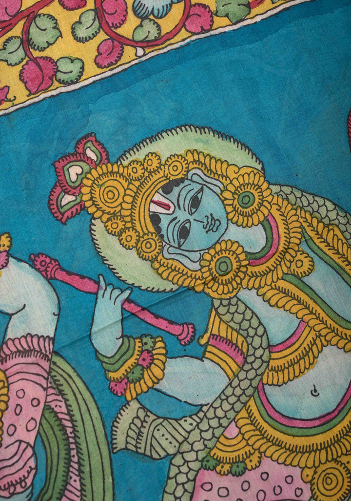 Dancing Radha Krishna With Animals Theme: Authentic Pen kalamkari on Mangalagiri Silk Saree with Zari Border