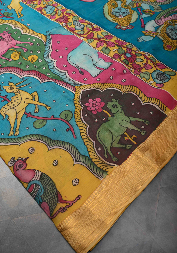 Dancing Radha Krishna With Animals Theme: Authentic Pen kalamkari on Mangalagiri Silk Saree with Zari Border