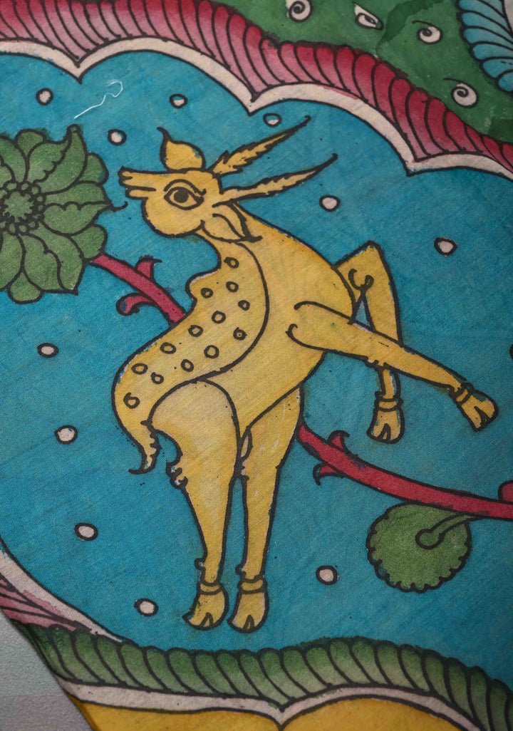 Dancing Radha Krishna With Animals Theme: Authentic Pen kalamkari on Mangalagiri Silk Saree with Zari Border