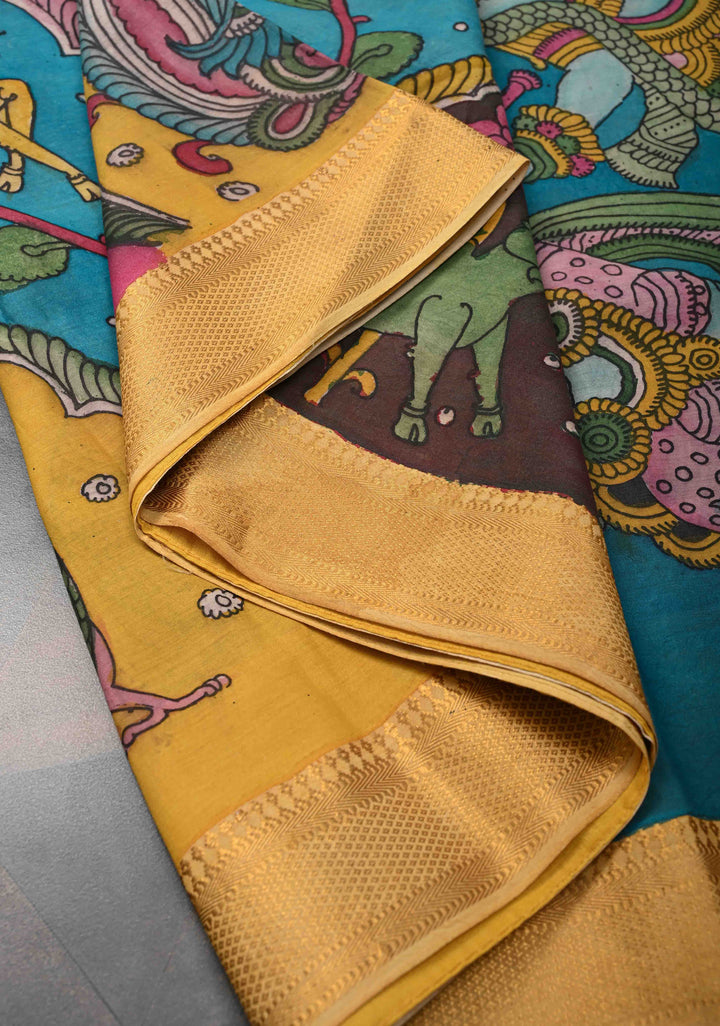 Dancing Radha Krishna With Animals Theme: Authentic Pen kalamkari on Mangalagiri Silk Saree with Zari Border