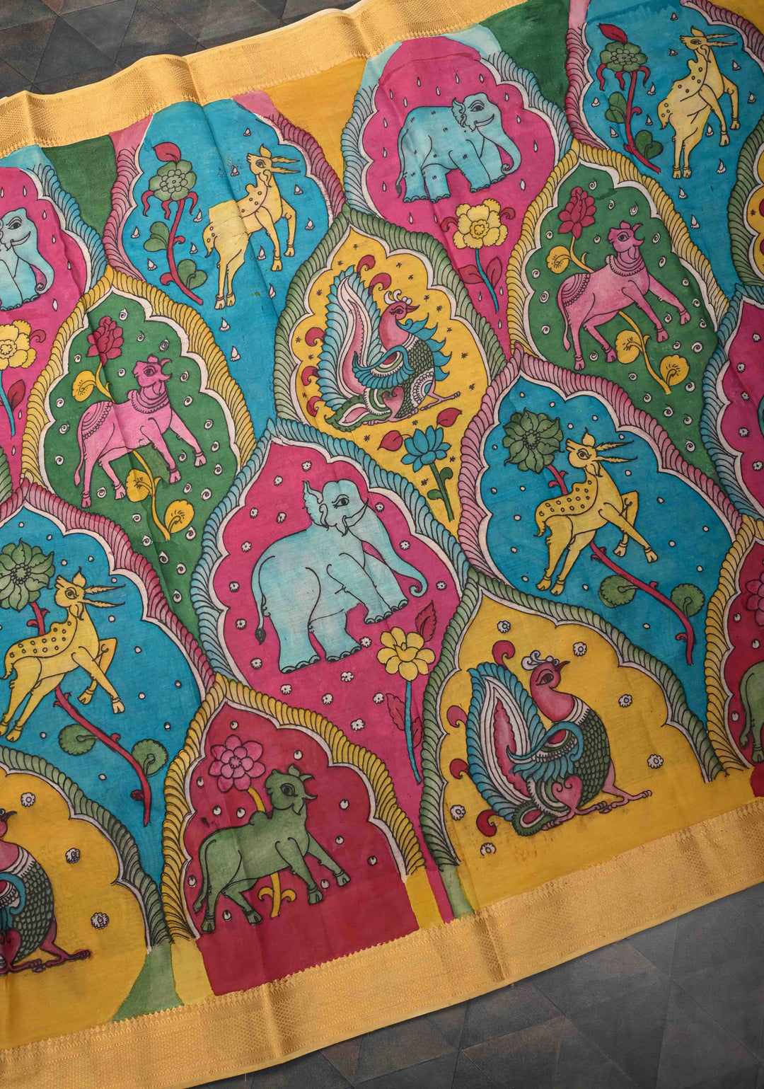 Dancing Radha Krishna With Animals Theme: Authentic Pen kalamkari on Mangalagiri Silk Saree with Zari Border