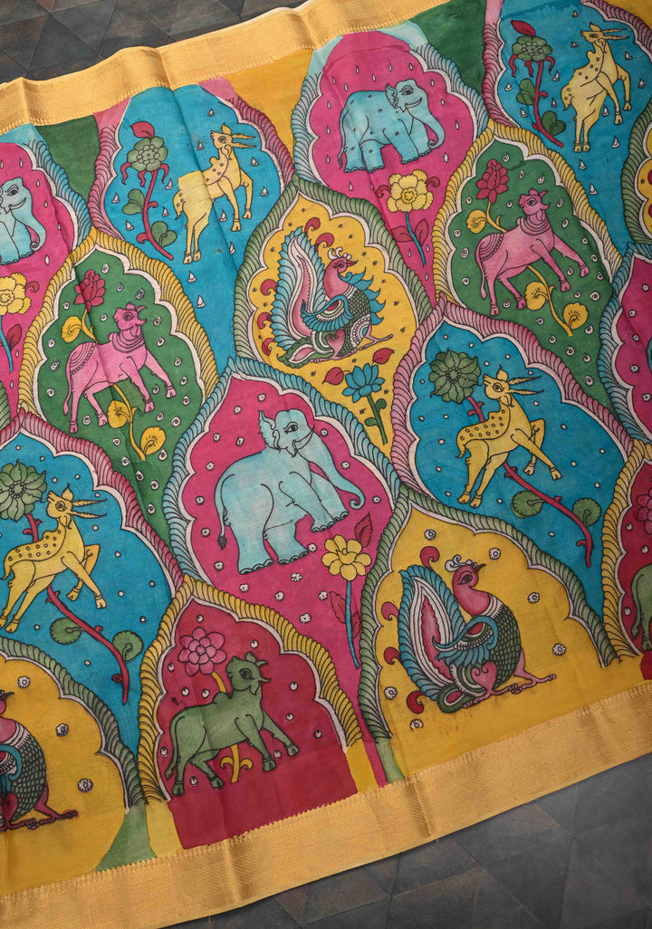Dancing Radha Krishna With Animals Theme: Authentic Pen kalamkari on Mangalagiri Silk Saree with Zari Border