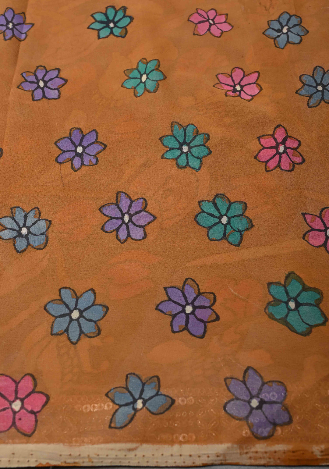 Floral Theme : Multicolor Authentic Pen Kalamkari on Pure Georgette Silk Saree with Lace Border | SILK MARK CERTIFIED