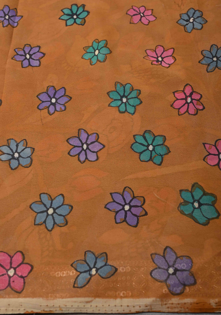 Floral Theme : Multicolor Authentic Pen Kalamkari on Pure Georgette Silk Saree with Lace Border | SILK MARK CERTIFIED