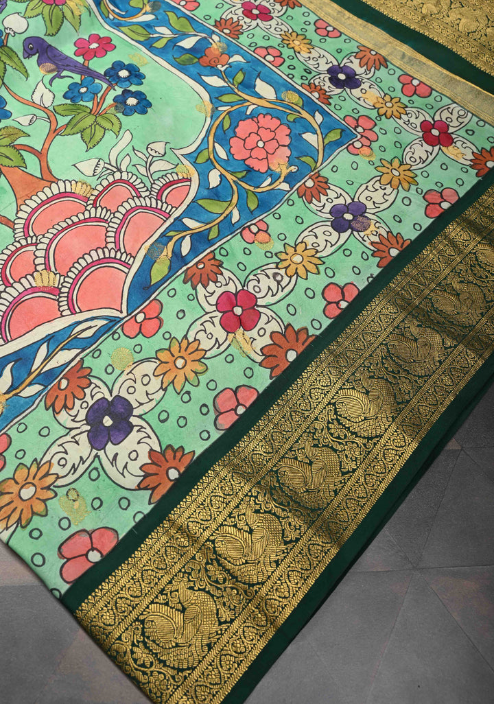 Tree of Life - Iconic Pen Kalamkari on Pure Kanjivaram SIlk with Annapakshi zari border saree| SILK MARK CERTIFIED