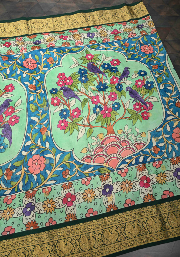 Tree of Life - Iconic Pen Kalamkari on Pure Kanjivaram SIlk with Annapakshi zari border saree| SILK MARK CERTIFIED