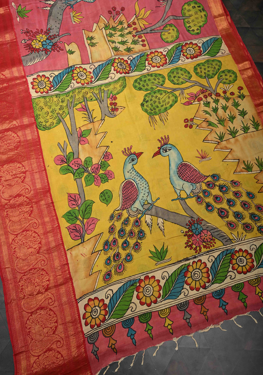 Twin Peacock Theme : Pink Authentic Pen kalamkari on pure Chennuri Silk Saree with Peacock Motifs On zari border