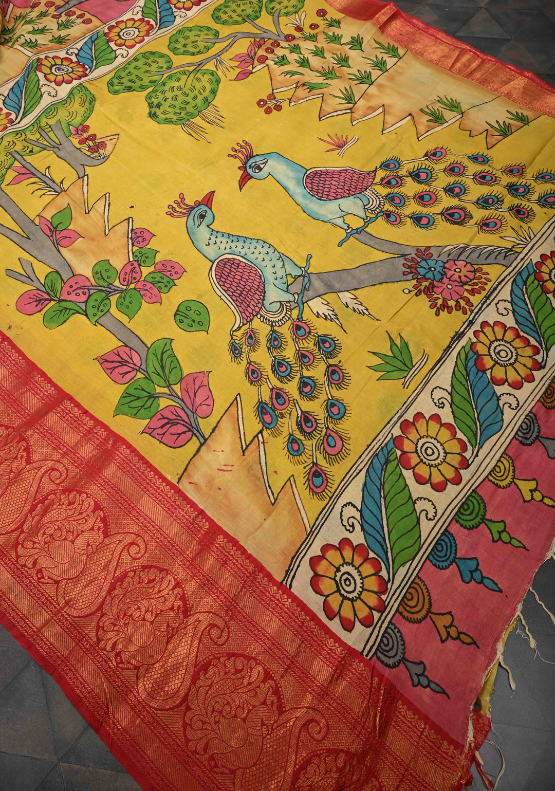 Twin Peacock Theme : Pink Authentic Pen kalamkari on pure Chennuri Silk Saree with Peacock Motifs On zari border