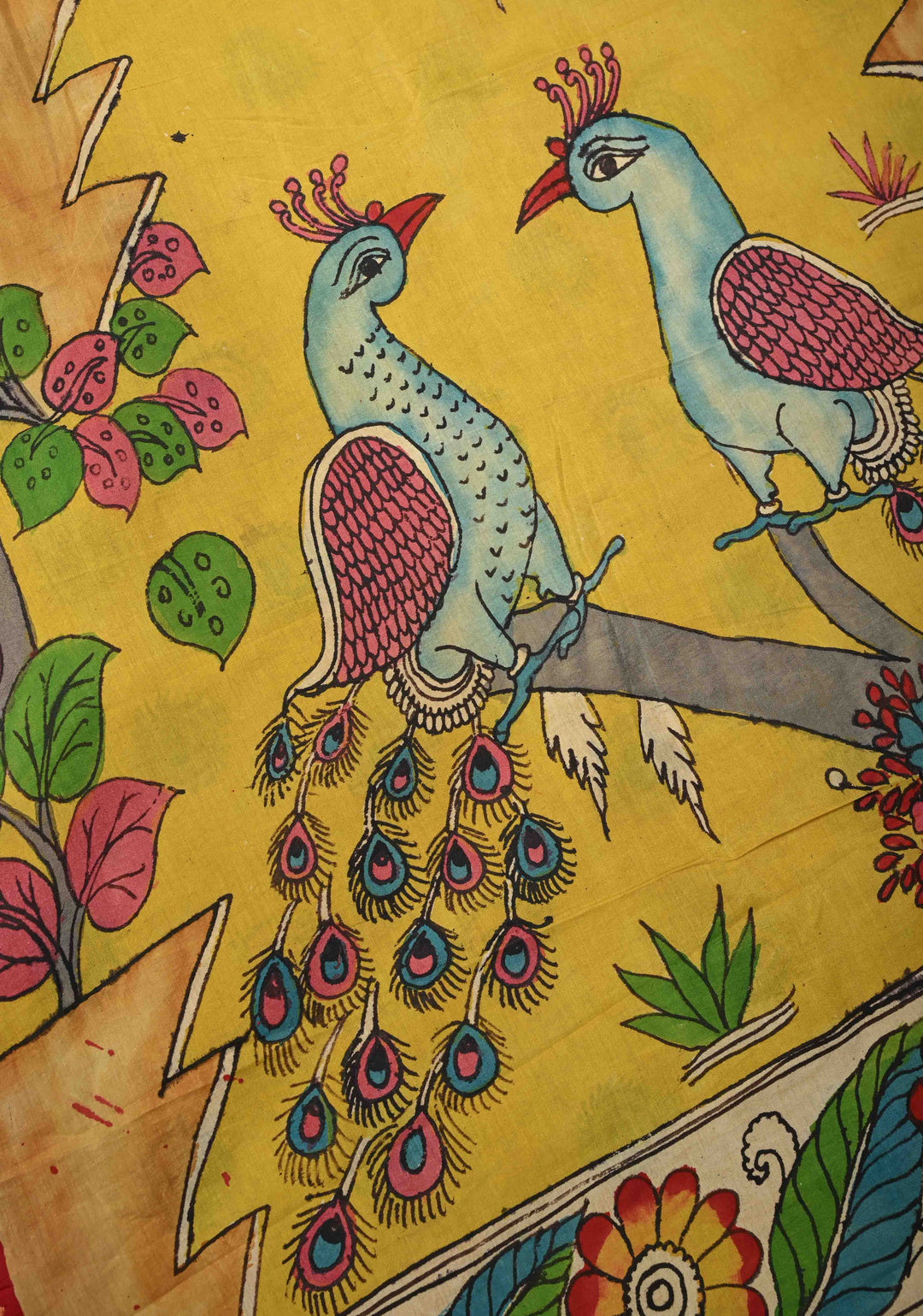 Twin Peacock Theme : Pink Authentic Pen kalamkari on pure Chennuri Silk Saree with Peacock Motifs On zari border