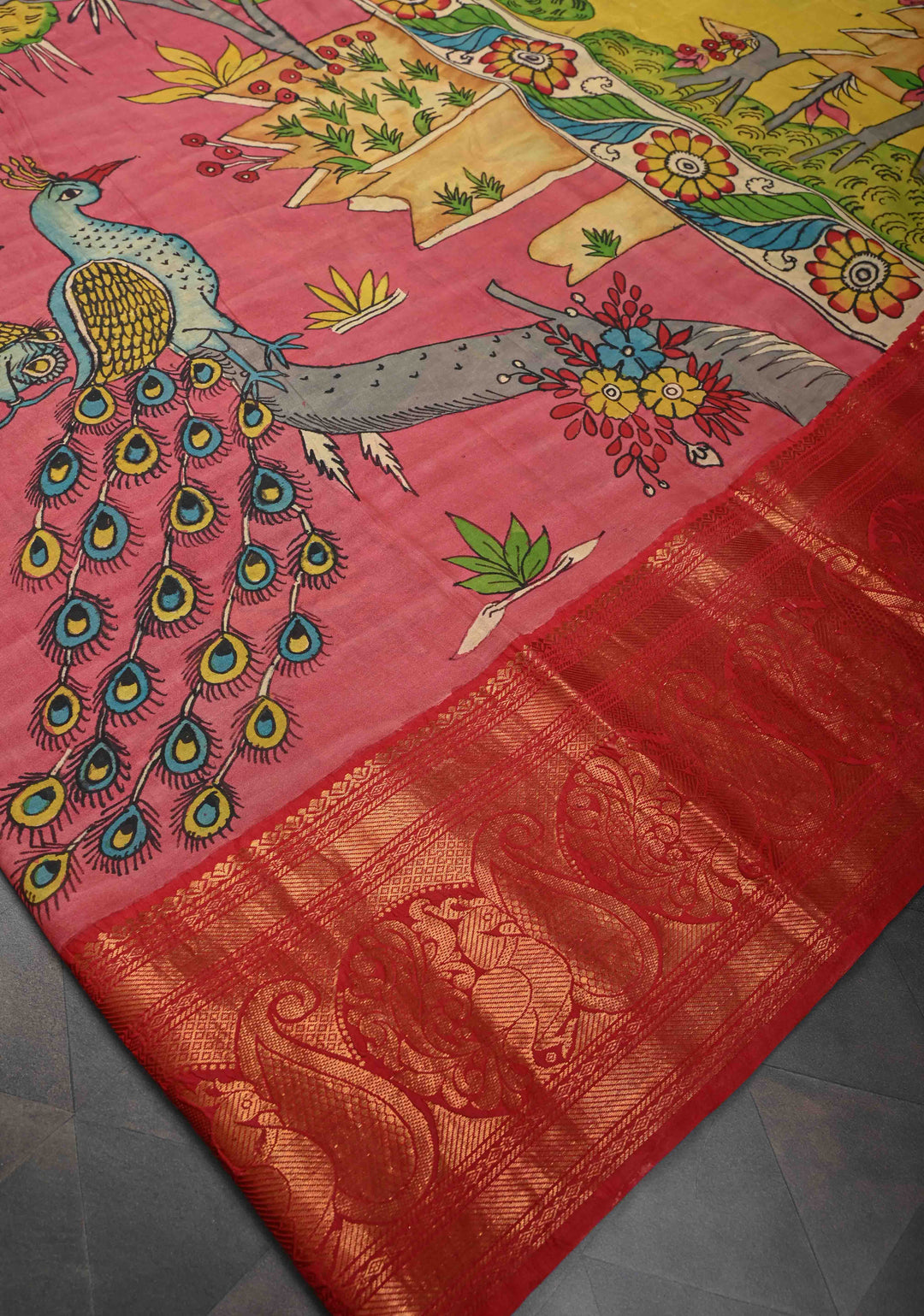 Twin Peacock Theme : Pink Authentic Pen kalamkari on pure Chennuri Silk Saree with Peacock Motifs On zari border