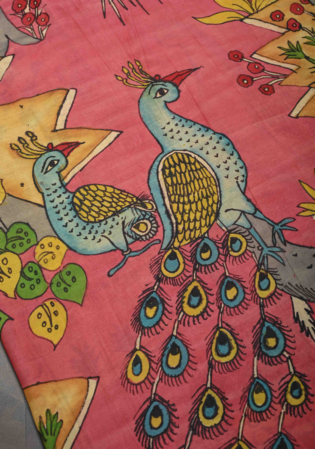 Twin Peacock Theme : Pink Authentic Pen kalamkari on pure Chennuri Silk Saree with Peacock Motifs On zari border