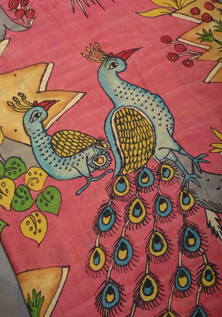 Twin Peacock Theme : Pink Authentic Pen kalamkari on pure Chennuri Silk Saree with Peacock Motifs On zari border
