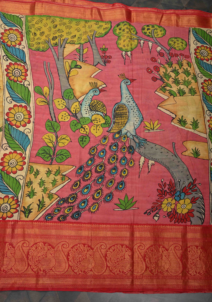 Twin Peacock Theme : Pink Authentic Pen kalamkari on pure Chennuri Silk Saree with Peacock Motifs On zari border
