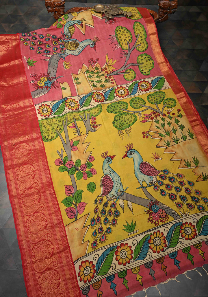 Twin Peacock Theme : Pink Authentic Pen kalamkari on pure Chennuri Silk Saree with Peacock Motifs On zari border