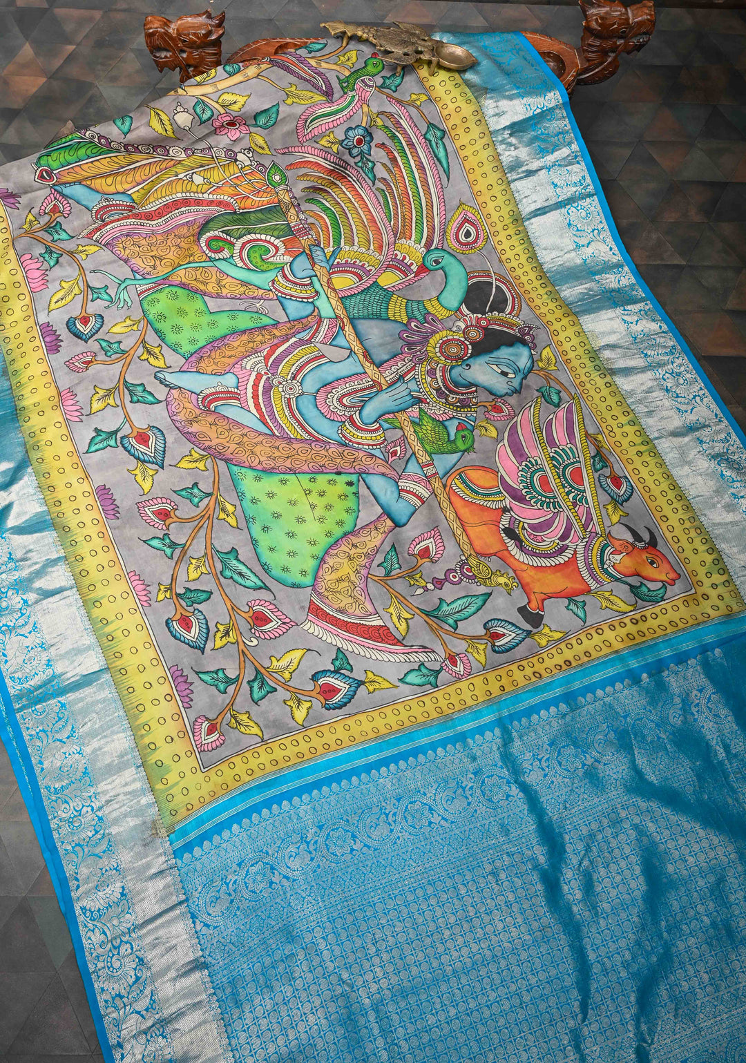 Krishna and Pichwai Theme :  Authentic Gray Pen kalamkari on Pure Kanjivaram Silk Saree with Azure Blue Contrast base Zari Border | SILK MARK CERTIFIED