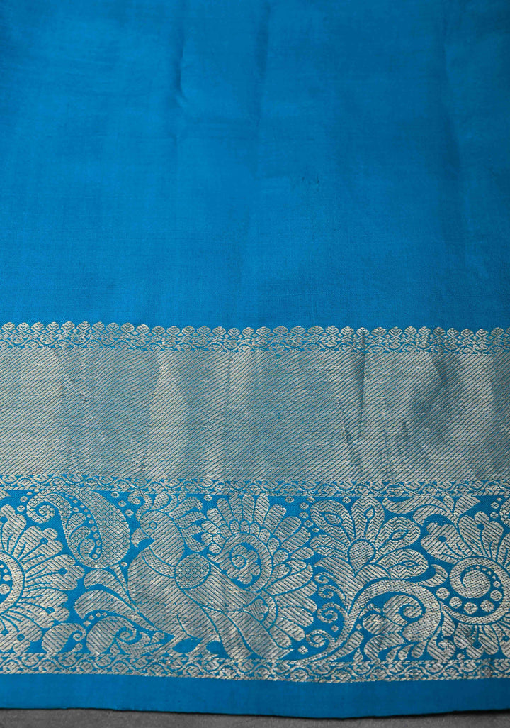 Krishna and Pichwai Theme :  Authentic Gray Pen kalamkari on Pure Kanjivaram Silk Saree with Azure Blue Contrast base Zari Border | SILK MARK CERTIFIED
