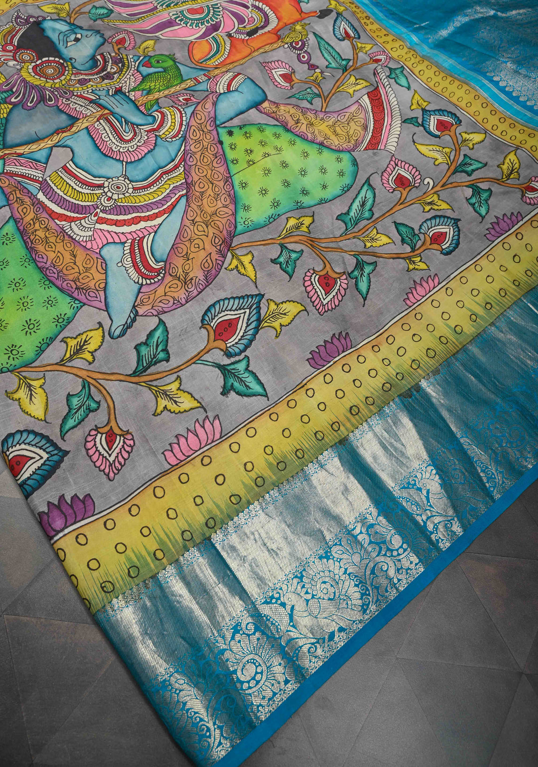 Krishna and Pichwai Theme :  Authentic Gray Pen kalamkari on Pure Kanjivaram Silk Saree with Azure Blue Contrast base Zari Border | SILK MARK CERTIFIED