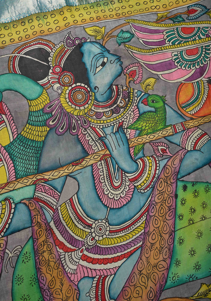 Krishna and Pichwai Theme :  Authentic Gray Pen kalamkari on Pure Kanjivaram Silk Saree with Azure Blue Contrast base Zari Border | SILK MARK CERTIFIED