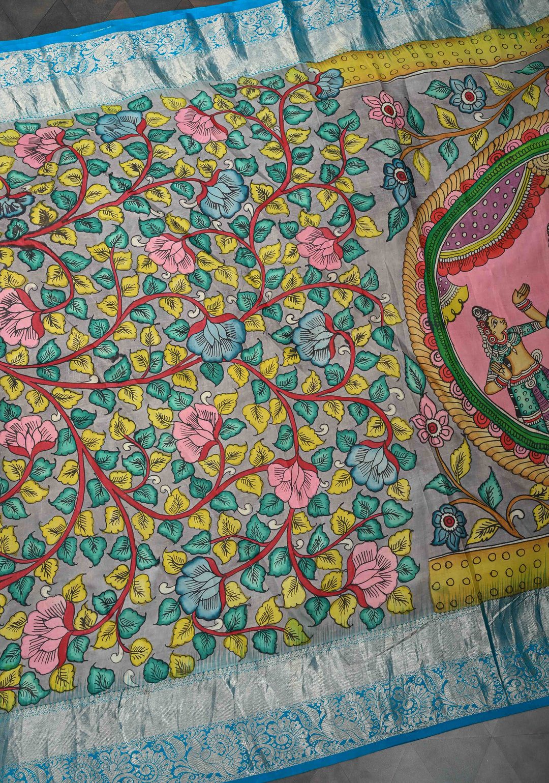 Krishna and Pichwai Theme :  Authentic Gray Pen kalamkari on Pure Kanjivaram Silk Saree with Azure Blue Contrast base Zari Border | SILK MARK CERTIFIED