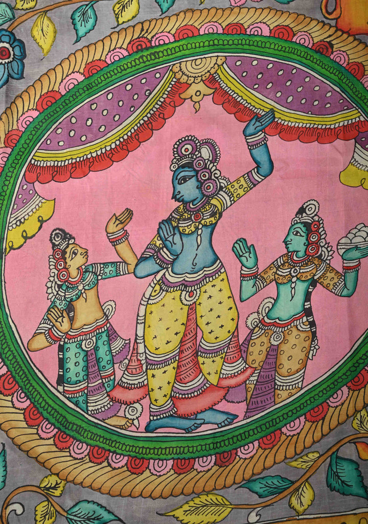 Krishna and Pichwai Theme :  Authentic Gray Pen kalamkari on Pure Kanjivaram Silk Saree with Azure Blue Contrast base Zari Border | SILK MARK CERTIFIED