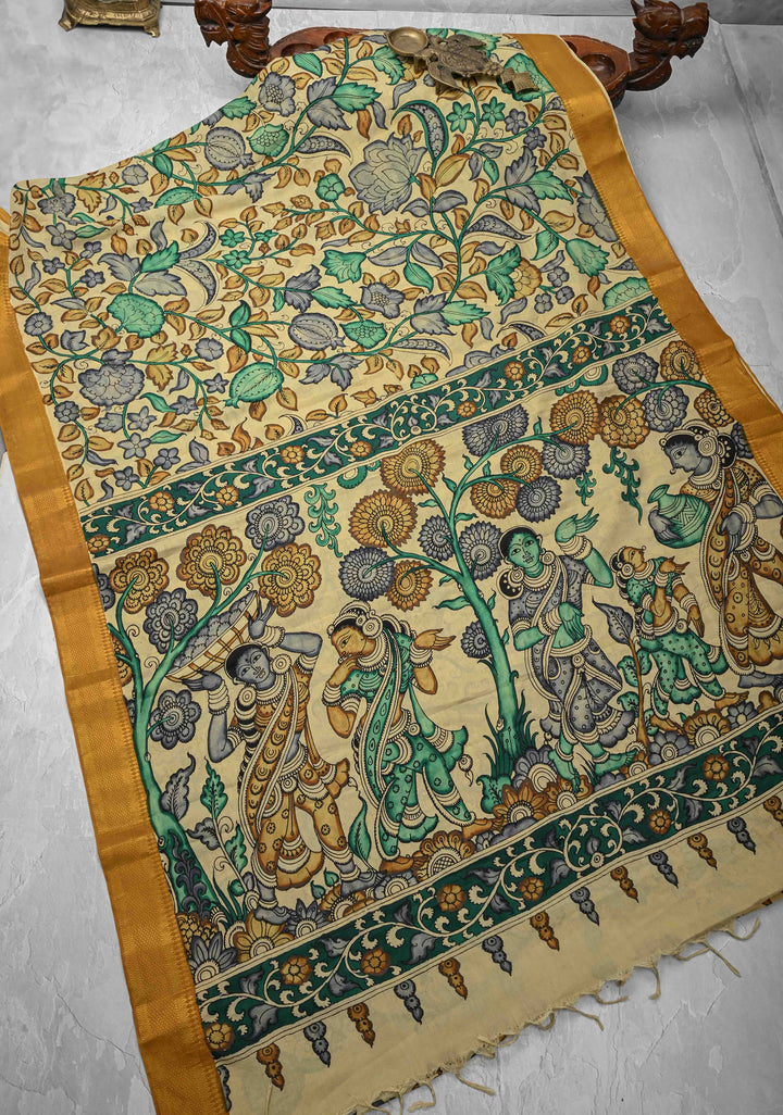 Floral Theme: Authentic Pen kalamkari on Mangalagiri Silk Cotton  Saree with Zari Border