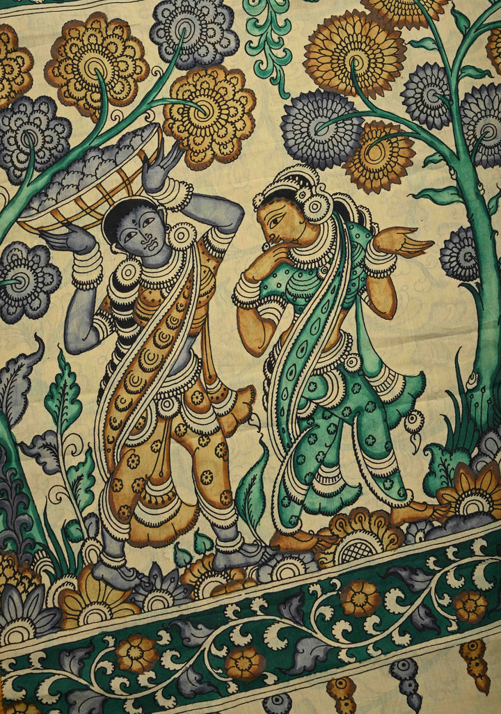 Floral Theme: Authentic Pen kalamkari on Mangalagiri Silk Cotton  Saree with Zari Border