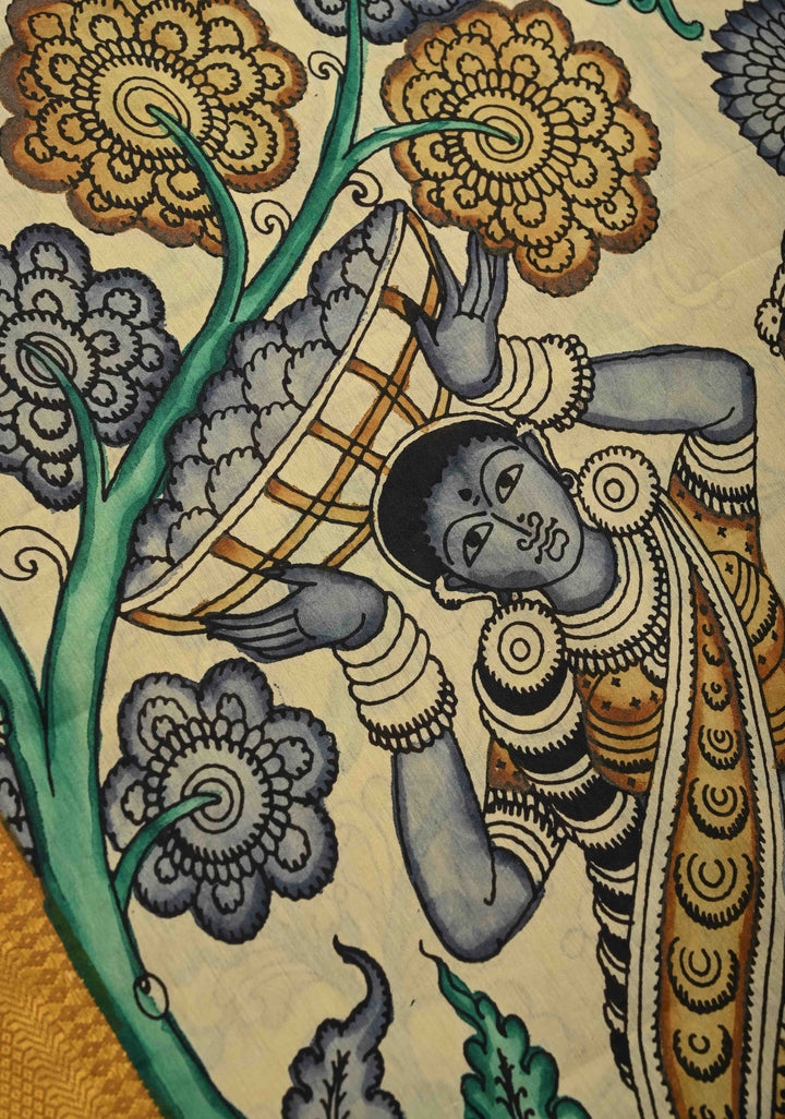 Floral Theme: Authentic Pen kalamkari on Mangalagiri Silk Cotton  Saree with Zari Border