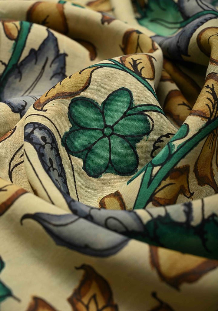 Floral Theme: Authentic Pen kalamkari on Mangalagiri Silk Cotton  Saree with Zari Border