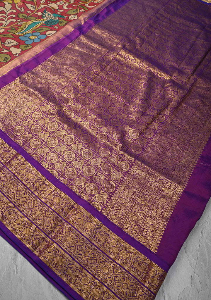 Peacock and Floral Theme : Red Authentic Pen kalamkari on Kanjivaram Silk Saree with Zari Buttas And Border | SILK MARK CERTIFIED