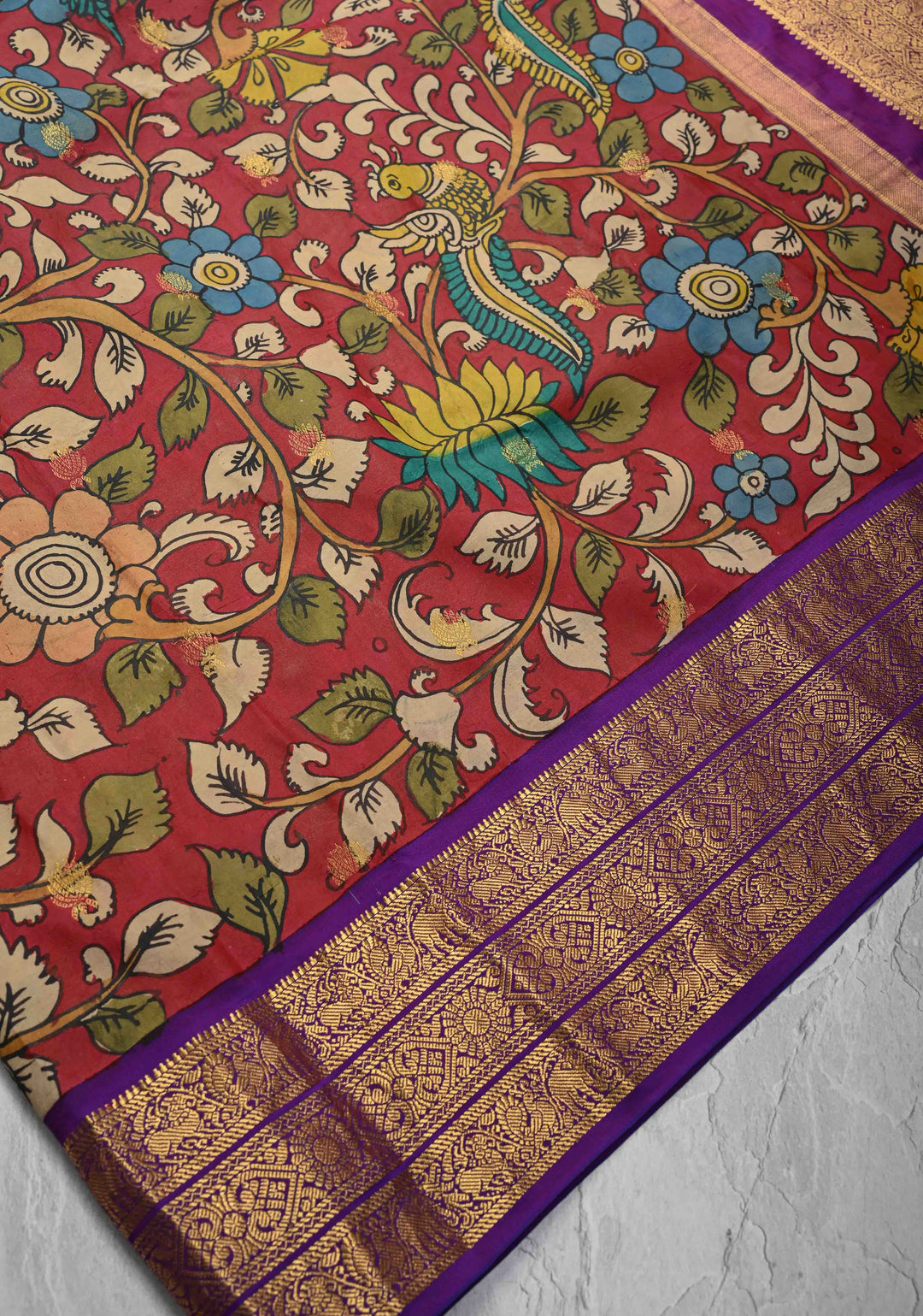 Peacock and Floral Theme : Red Authentic Pen kalamkari on Kanjivaram Silk Saree with Zari Buttas And Border | SILK MARK CERTIFIED