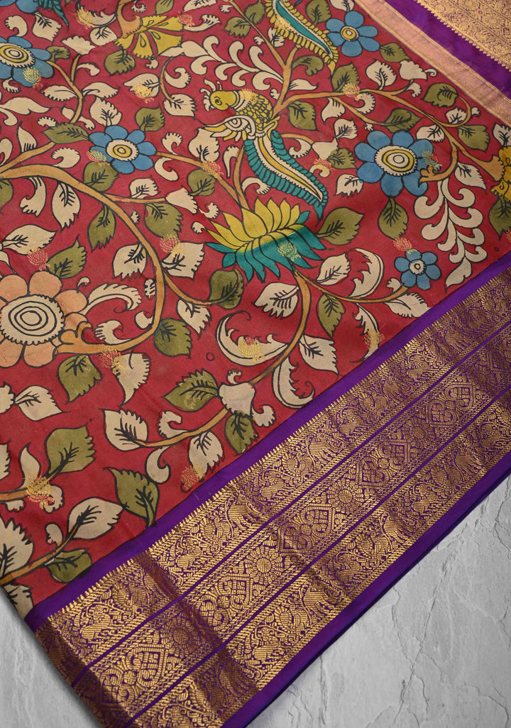 Peacock and Floral Theme : Red Authentic Pen kalamkari on Kanjivaram Silk Saree with Zari Buttas And Border | SILK MARK CERTIFIED