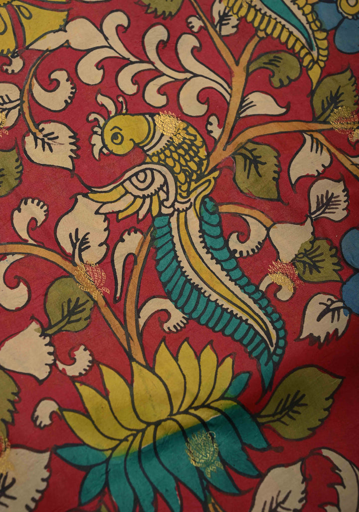 Peacock and Floral Theme : Red Authentic Pen kalamkari on Kanjivaram Silk Saree with Zari Buttas And Border | SILK MARK CERTIFIED