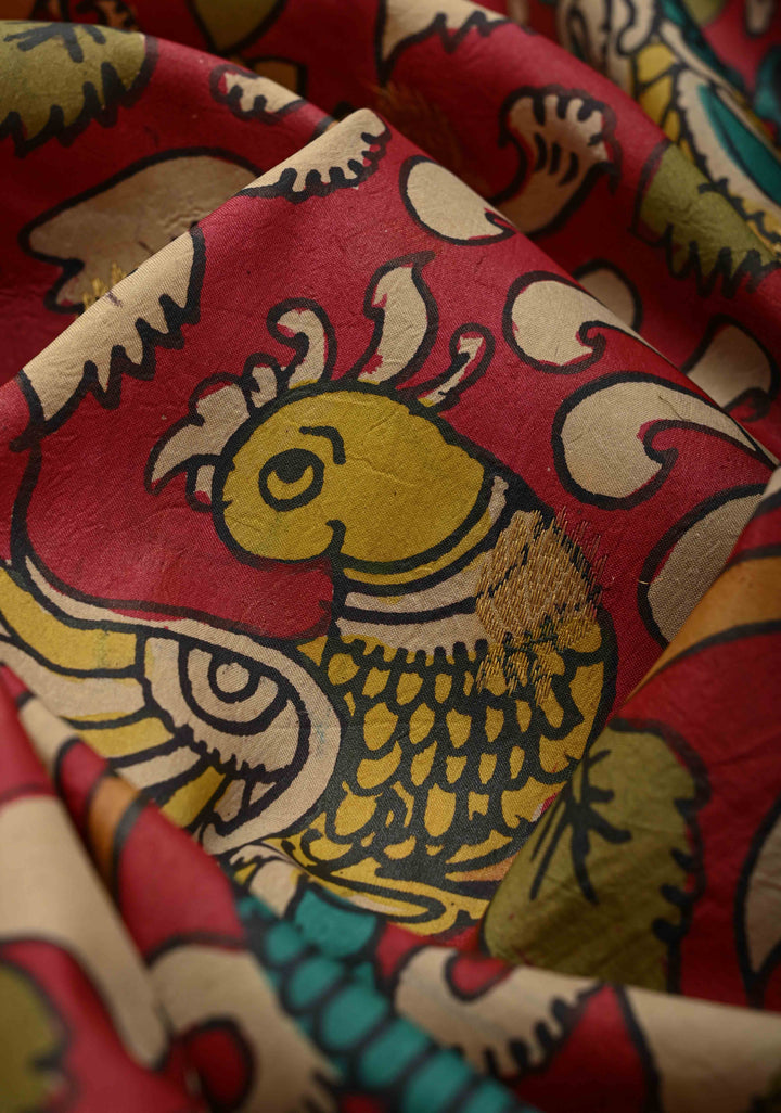 Peacock and Floral Theme : Red Authentic Pen kalamkari on Kanjivaram Silk Saree with Zari Buttas And Border | SILK MARK CERTIFIED