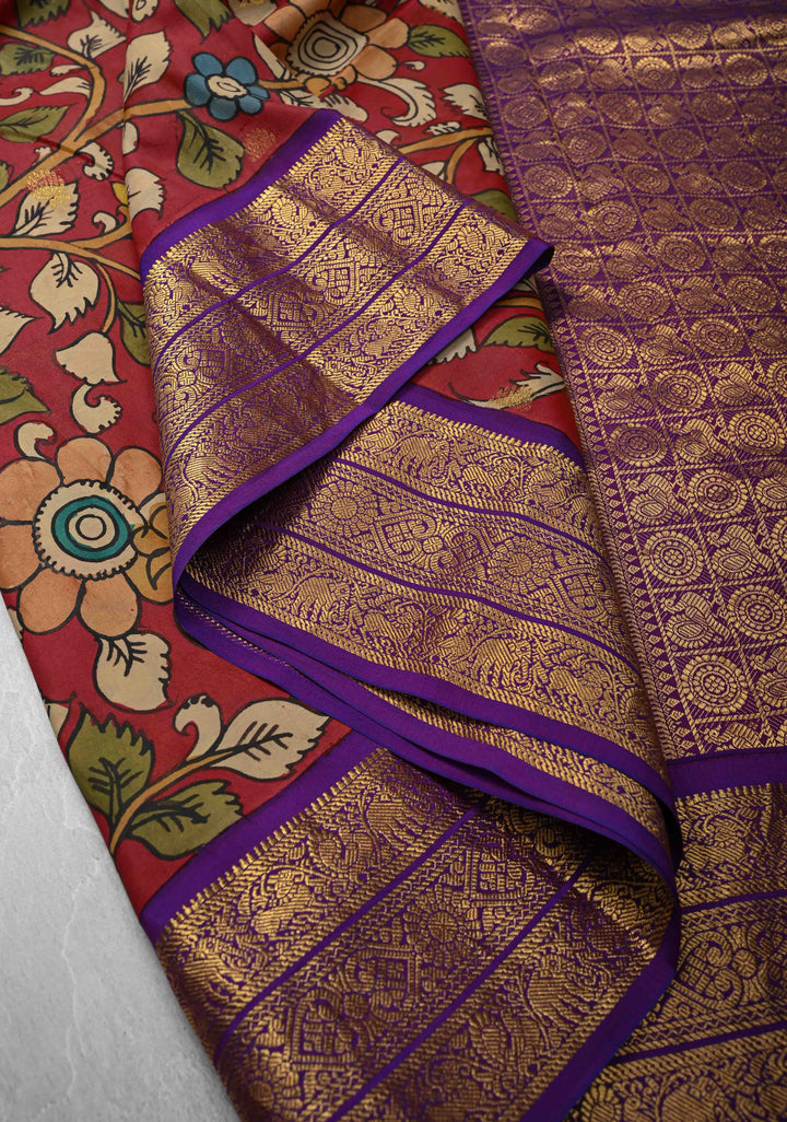 Peacock and Floral Theme : Red Authentic Pen kalamkari on Kanjivaram Silk Saree with Zari Buttas And Border | SILK MARK CERTIFIED