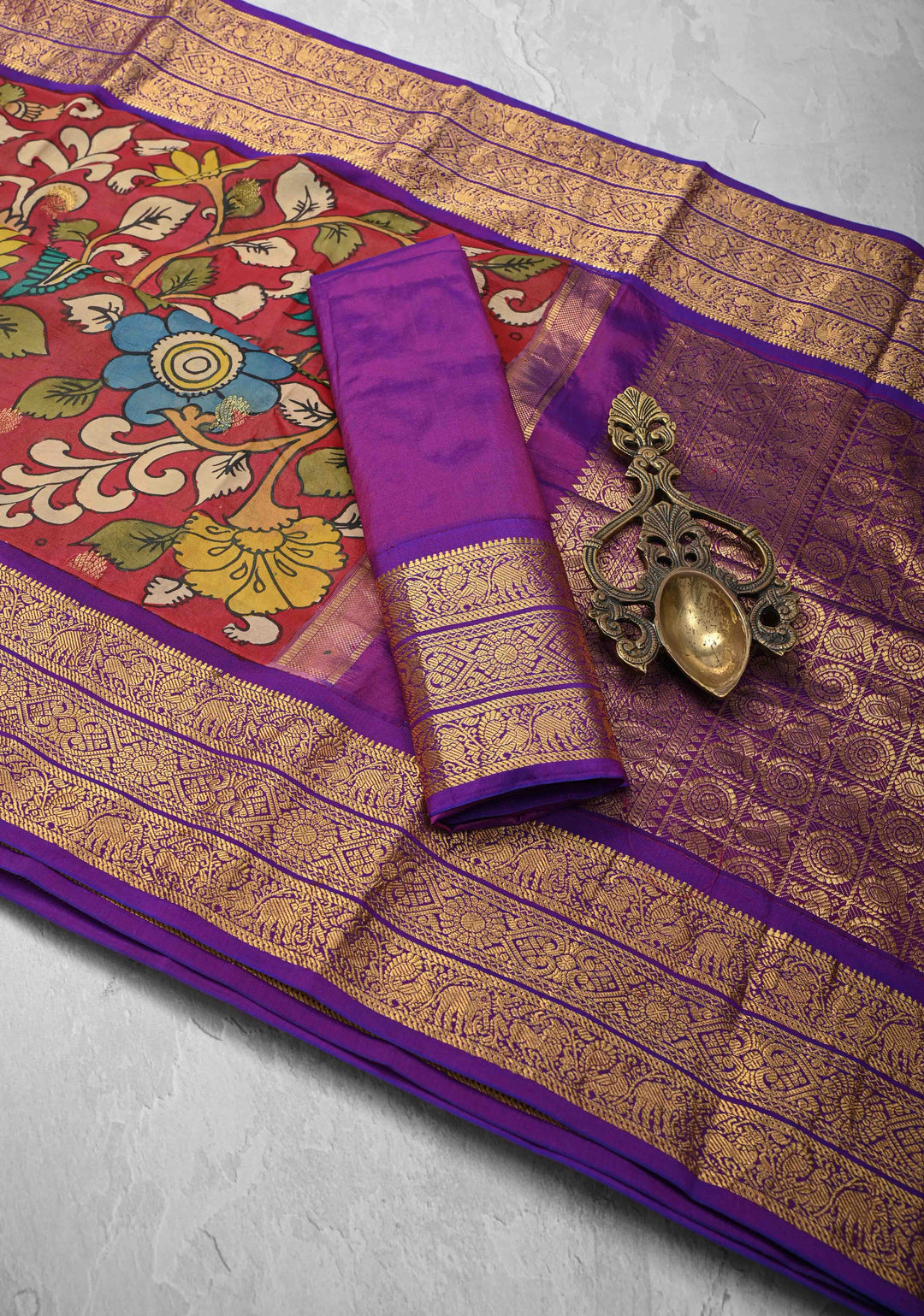 Peacock and Floral Theme : Red Authentic Pen kalamkari on Kanjivaram Silk Saree with Zari Buttas And Border | SILK MARK CERTIFIED