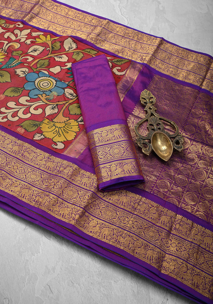 Peacock and Floral Theme : Red Authentic Pen kalamkari on Kanjivaram Silk Saree with Zari Buttas And Border | SILK MARK CERTIFIED