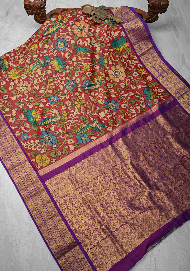 Peacock and Floral Theme : Red Authentic Pen kalamkari on Kanjivaram Silk Saree with Zari Buttas And Border | SILK MARK CERTIFIED