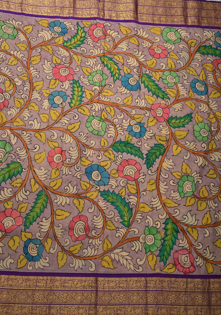 Unique Dashavataram - Authentic Pen Kalamkari on Pure Kanjivaram silk with Zari buttas and purple border | SILK MARK CERTIFIED