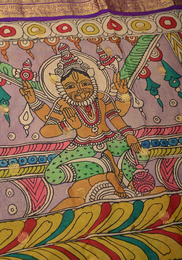 Unique Dashavataram - Authentic Pen Kalamkari on Pure Kanjivaram silk with Zari buttas and purple border | SILK MARK CERTIFIED