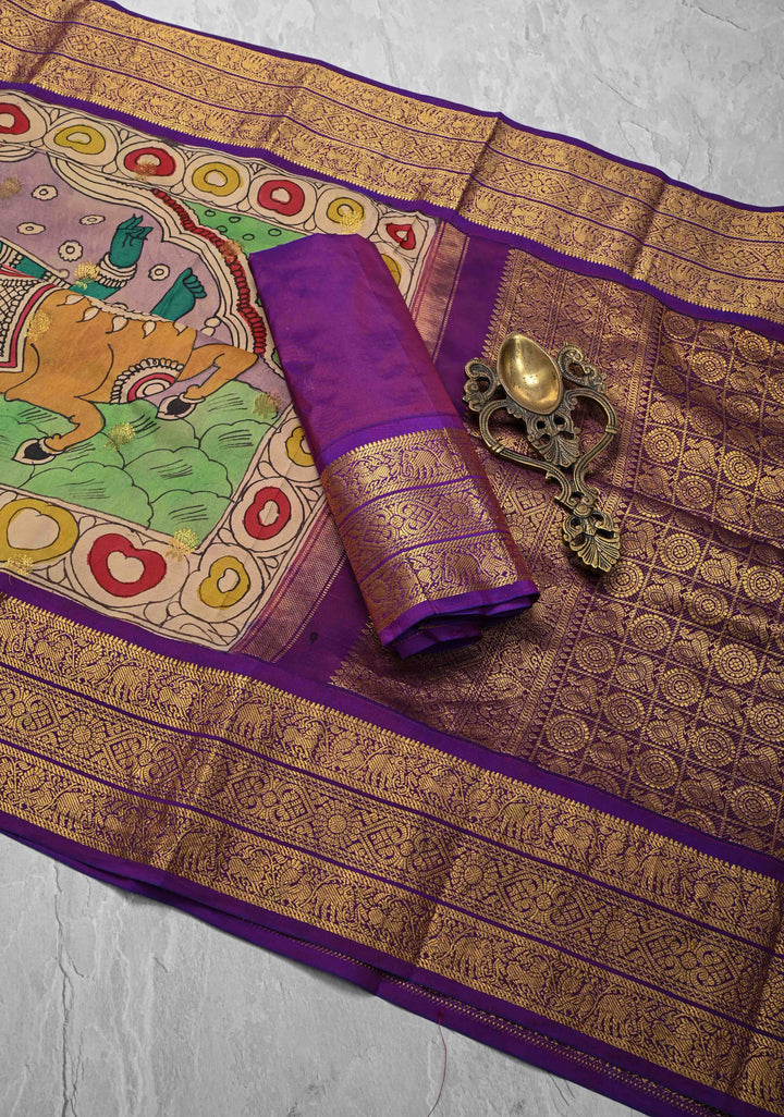 Unique Dashavataram - Authentic Pen Kalamkari on Pure Kanjivaram silk with Zari buttas and purple border | SILK MARK CERTIFIED