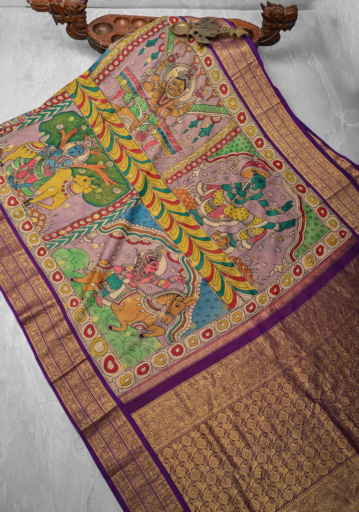 Unique Dashavataram - Authentic Pen Kalamkari on Pure Kanjivaram silk with Zari buttas and purple border | SILK MARK CERTIFIED