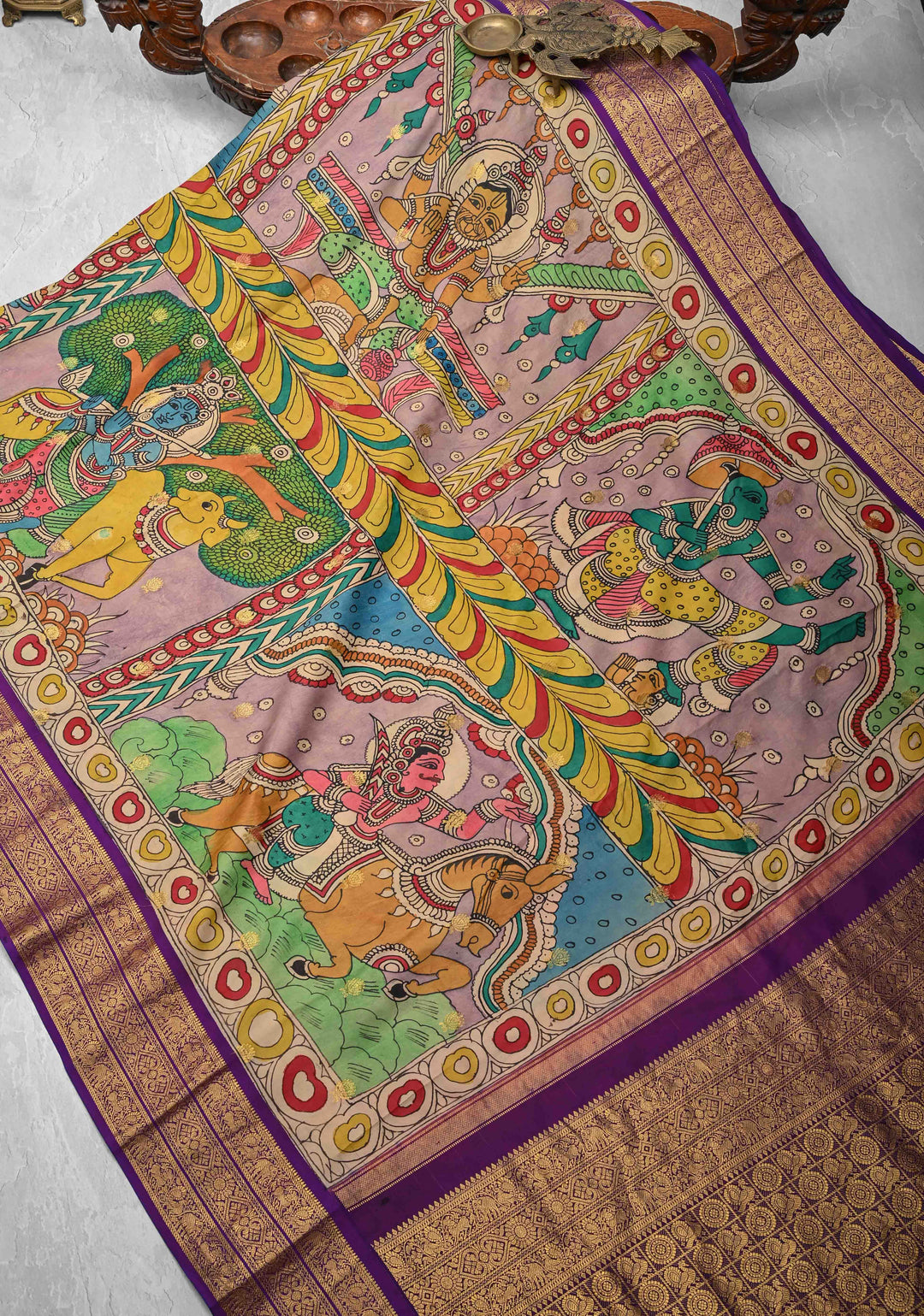 Unique Dashavataram - Authentic Pen Kalamkari on Pure Kanjivaram silk with Zari buttas and purple border | SILK MARK CERTIFIED