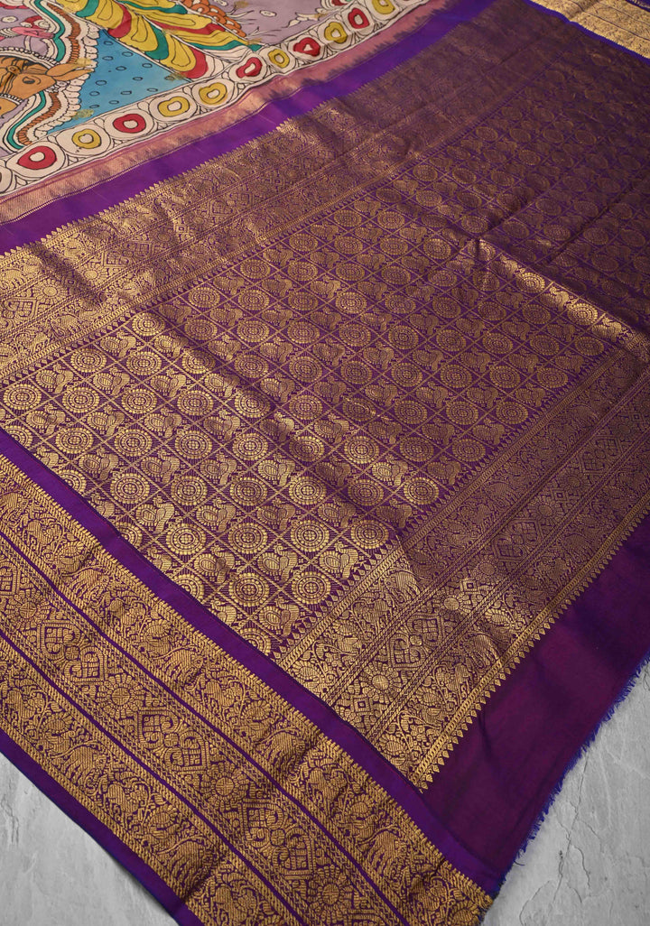 Unique Dashavataram - Authentic Pen Kalamkari on Pure Kanjivaram silk with Zari buttas and purple border | SILK MARK CERTIFIED