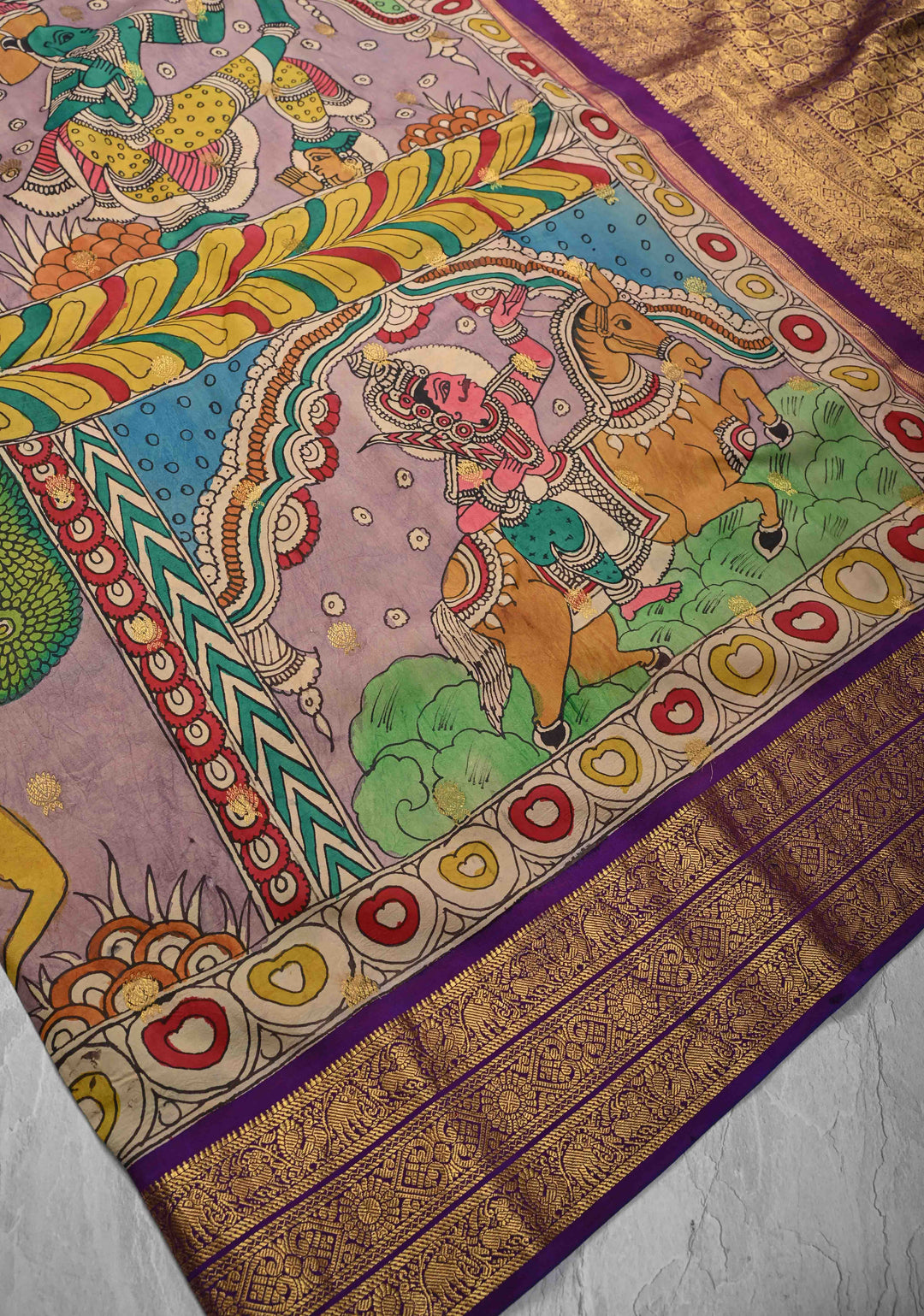 Unique Dashavataram - Authentic Pen Kalamkari on Pure Kanjivaram silk with Zari buttas and purple border | SILK MARK CERTIFIED