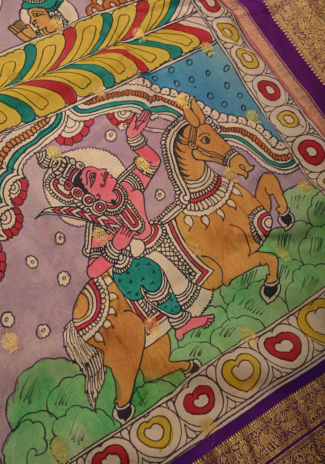 Unique Dashavataram - Authentic Pen Kalamkari on Pure Kanjivaram silk with Zari buttas and purple border | SILK MARK CERTIFIED