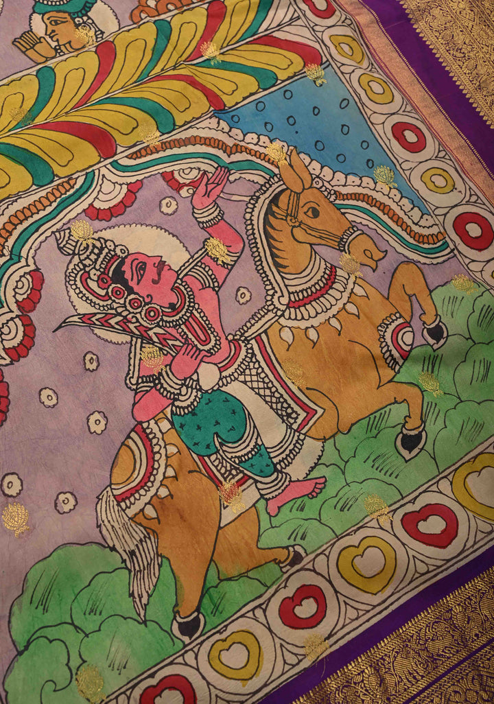 Unique Dashavataram - Authentic Pen Kalamkari on Pure Kanjivaram silk with Zari buttas and purple border | SILK MARK CERTIFIED